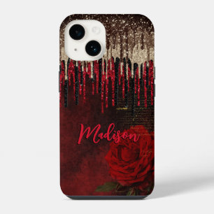 Coque Pour iPhone 14 Fleur rouge chic or gouttes scintillantes monogram