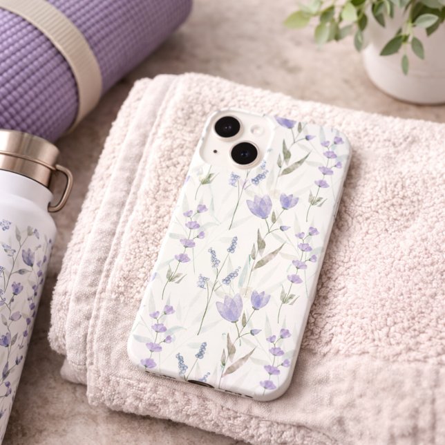 Coque iPhone Fleur sauvage aquarelle bleu violet (Créateur téléchargé)