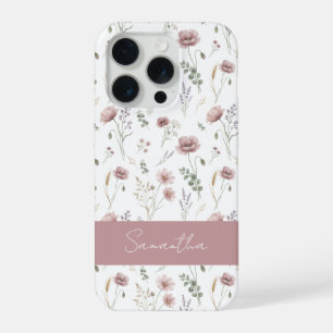 Coque iPhone 15 Pro Fleur sauvage aquarelle rose poudré et vert sauge