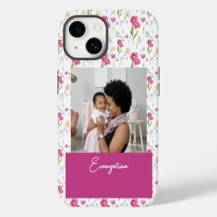 Coque Pour iPhone 14 Fleur sauvage aquarelle rose violet nom personnali
