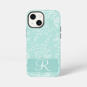Etui iPhone 13 Mini Fleur sauvage damask aqua turquoise monogramme