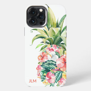 Etui iPhone 13 Pro Max Fleur tropicale aquarelle Ananas avec initiale