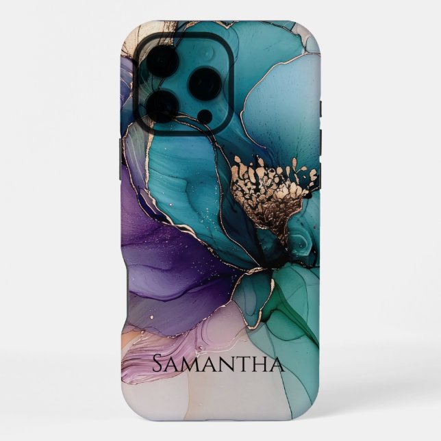 Coque iPhone Fleur Turquoise Violette Or (Verso)