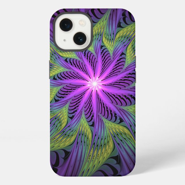 Coque iPhone Fleur verte violette Art fractal abstrait moderne (Verso)