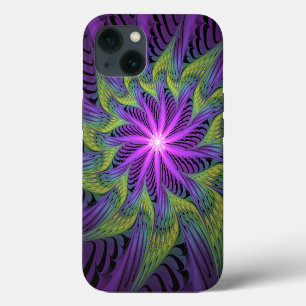 Etui iPhone 13 Fleur verte violette Art fractal abstrait moderne