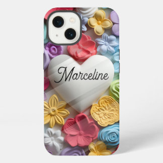 Etui iPhone 13 Fleurs 3D mignonnes et grand coeur blanc personnal