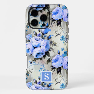 Coque iPhone 16 Pro Max Fleurs à monogramme bleu et pérvinca