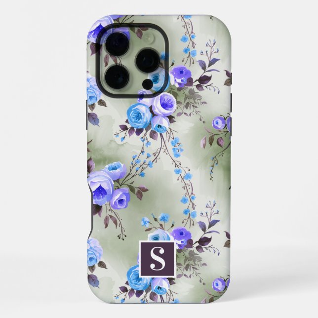 Coque iPhone Fleurs à monogramme bleu et violet  (Verso)