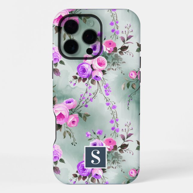 Coque iPhone Fleurs à monogramme rose et violet (Verso)