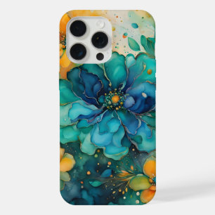 Coque iPhone 15 Pro Max Fleurs abstraites turquoise or orange vert bleu