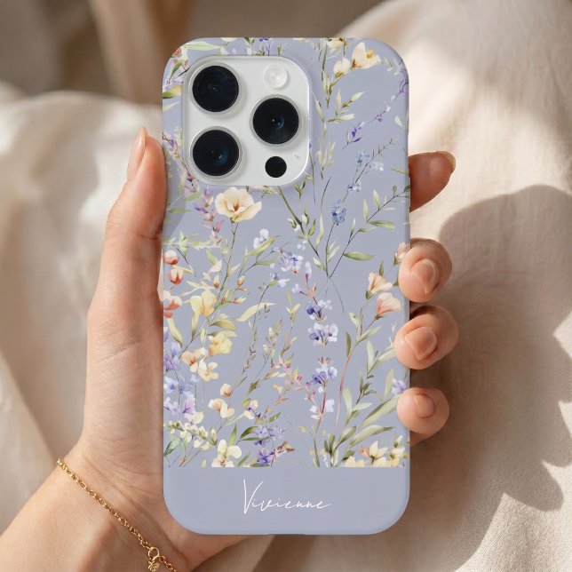 Coque iPhone Fleurs aquarelle bleu poussiéreux  (Créateur téléchargé)