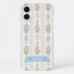 Coque iPhone 16 Plus Fleurs Aquarelle Rayées Rose Pâle Bleu
