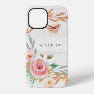 Coque iPhone 12 Fleurs Aquarelle Rose Paillettes Dorées Verdure Bo