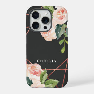 Coque iPhone 15 Pro Fleurs aquarellées gris foncé Monogramme or rose