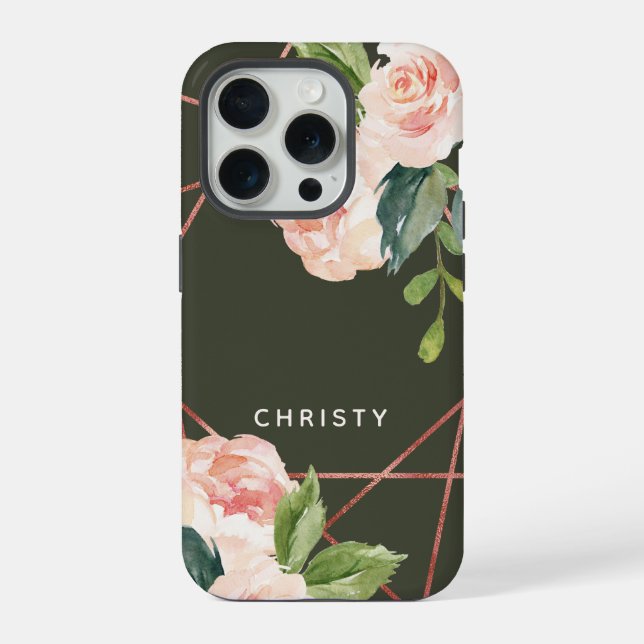 Coque iPhone Fleurs aquarelles à monogramme vert foncé (Verso)