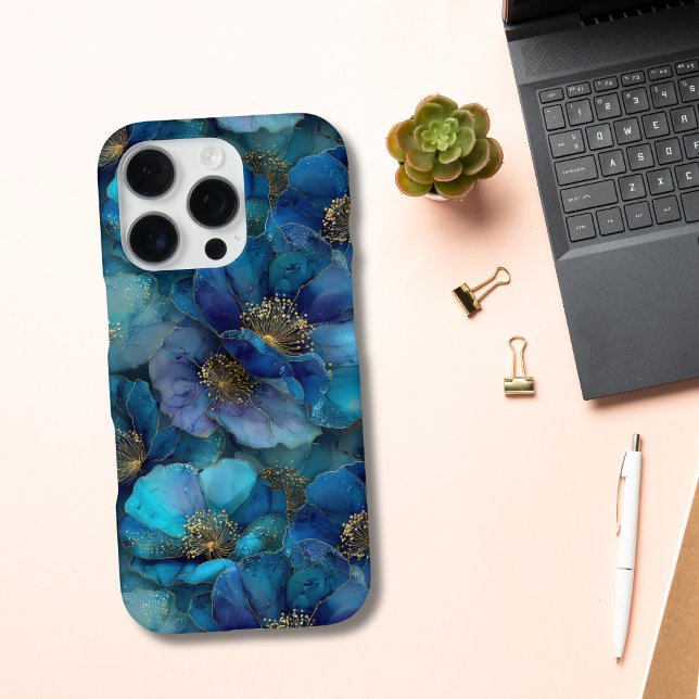 Coque iPhone Fleurs aquarelles abstraites bleu or  (Blue gold watercolor floral abstract iPhone case. Available for all current iPhone case sizes)
