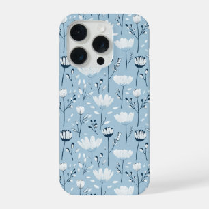 Coque iPhone 15 Pro Fleurs aquarelles fantaisistes bleu blanc marine