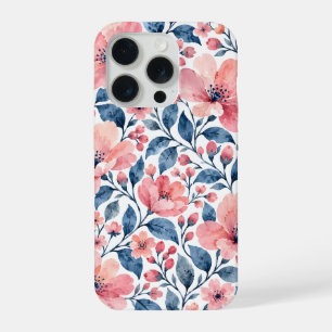 Coque iPhone 15 Pro Fleurs aquarelles rose blush aux feuilles bleues