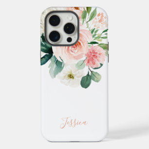 Coque iPhone 15 Pro Max Fleurs aquarelles rose poudré avec votre nom