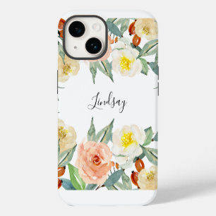 Coque Pour iPhone 14 Fleurs aquarelles roses pêche avec nom