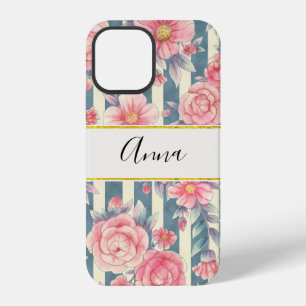 Coque iPhone 12 Fleurs aquarelles roses sur rayures