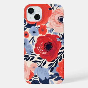 Coque iPhone 15 Plus Fleurs aquarelles rouges blanches et bleues modern