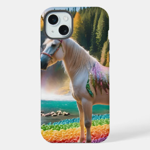 Coque iPhone 15 Plus Fleurs Arc-en-ciel Licorne Arbres Verts Cascade La