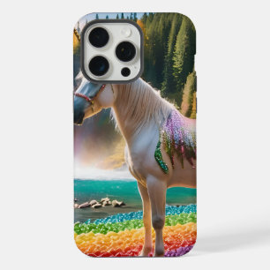 Coque iPhone 15 Pro Max Fleurs arc-en-ciel Unicorn Green Trees Lac de casc