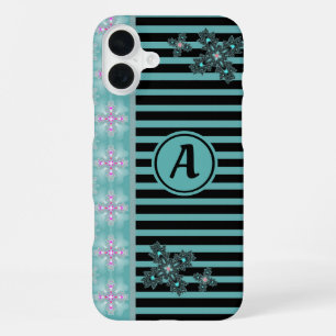 Coque iPhone 16 Plus Fleurs Art Déco de style rétro avec monogramme