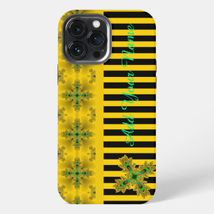 Etui iPhone 13 Pro Max Fleurs Artdeco de style rétro, ajoutez votre nom