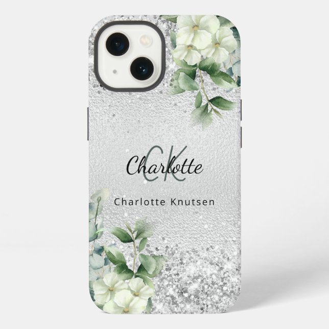 Coque iPhone Fleurs blanches argentées monogramme nom euclayptu (Verso)