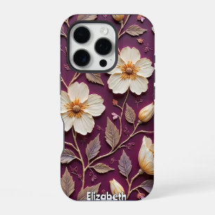 Coque iPhone 16 Pro Fleurs blanches crémeuses sur texture foncée