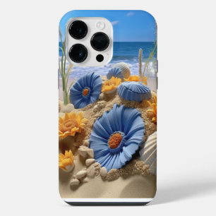 COQUE POUR POUR iPhone 14 PRO MAX FLEURS BLEUES ET JAUNES SUR UNE PLAGE DE SABLE