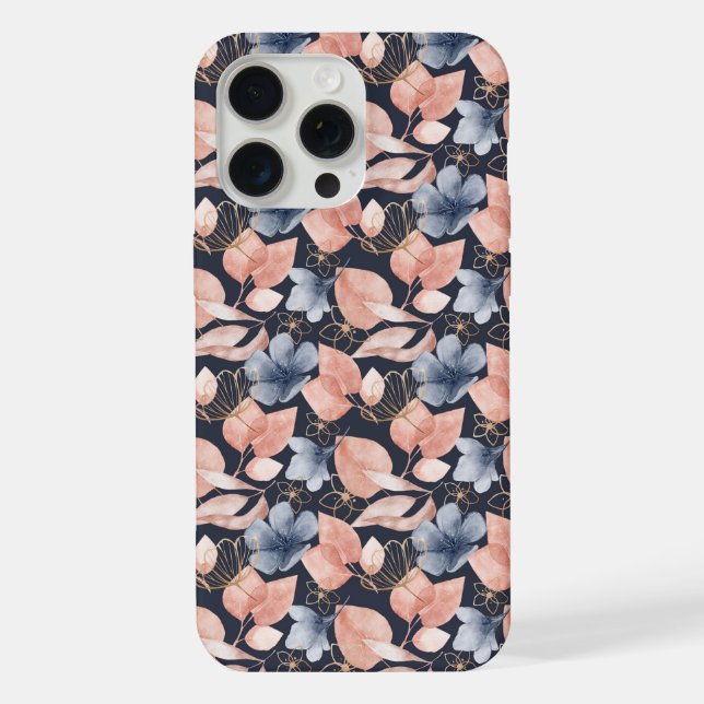 Coque iPhone Fleurs bleues, pêche et or Art botanique élégant (Verso)