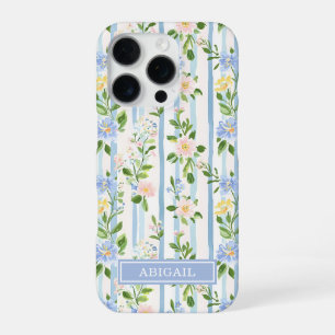 Coque iPhone 16 Pro Fleurs bleues rosées aquarelle rayées Personnalisé
