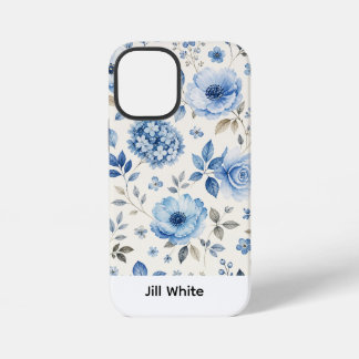 Coque iPhone 12 Mini Fleurs bleues sur fond blanc aquarelle