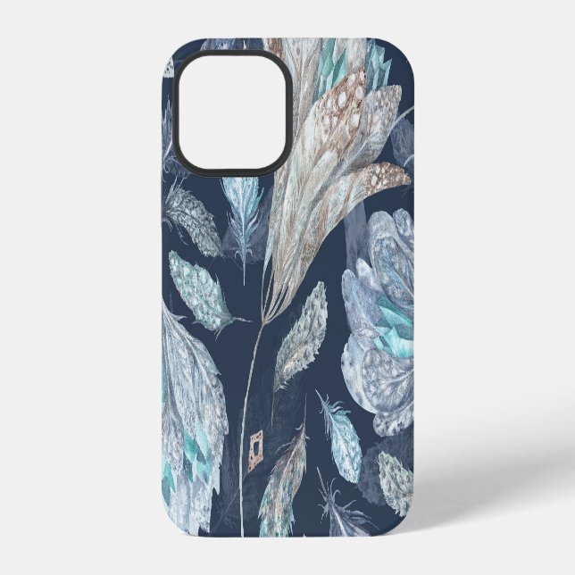 Coque iPhone Fleurs Boho Chic : Aquarelle bleu foncé P (Verso)