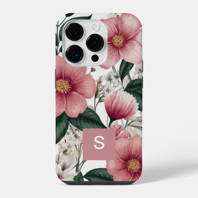 Coque iPhone Fleurs botaniques roses modernes Monogrammes (Verso)