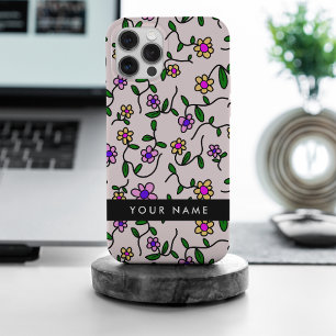 Coque iPhone 15 Pro Max Fleurs colorées, Arrière - plan rose, Noir