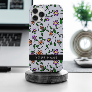 Coque iPhone 15 Pro Max Fleurs Colorées, Fond Bleu, Noir