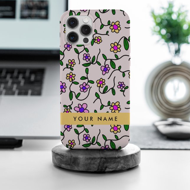 Coque iPhone Fleurs Colorées, Fond Rose, Jaune (Créateur téléchargé)