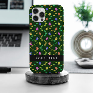 Coque iPhone 15 Pro Max Fleurs Colorées, Fond Vert, Noir