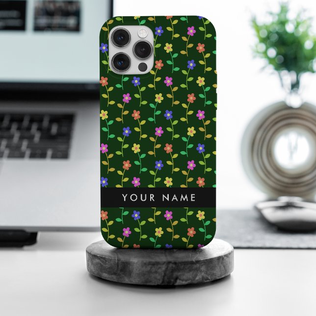 Coque iPhone Fleurs Colorées, Fond Vert, Noir (Créateur téléchargé)