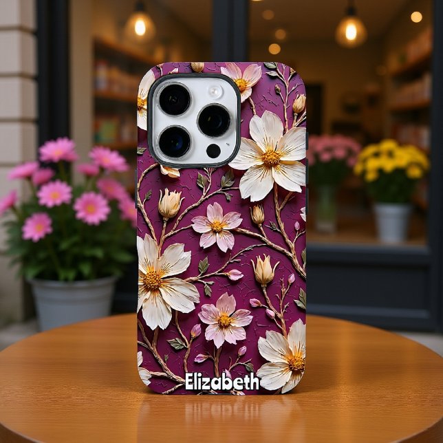 Coque iPhone Fleurs Crème Élégantes sur Fond Violet Texturé (Créateur téléchargé)