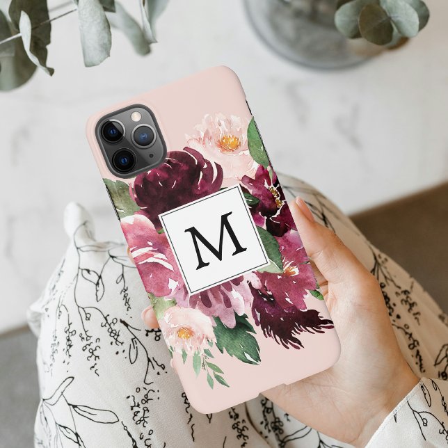 Coque iPhone Fleurs d'aquarelle modernes Monogrammes (Créateur téléchargé)