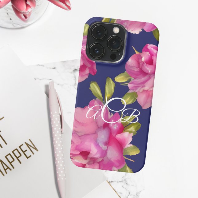 Coque iPhone Fleurs d'aquarelle Monogramme rose et marine (Créateur téléchargé)