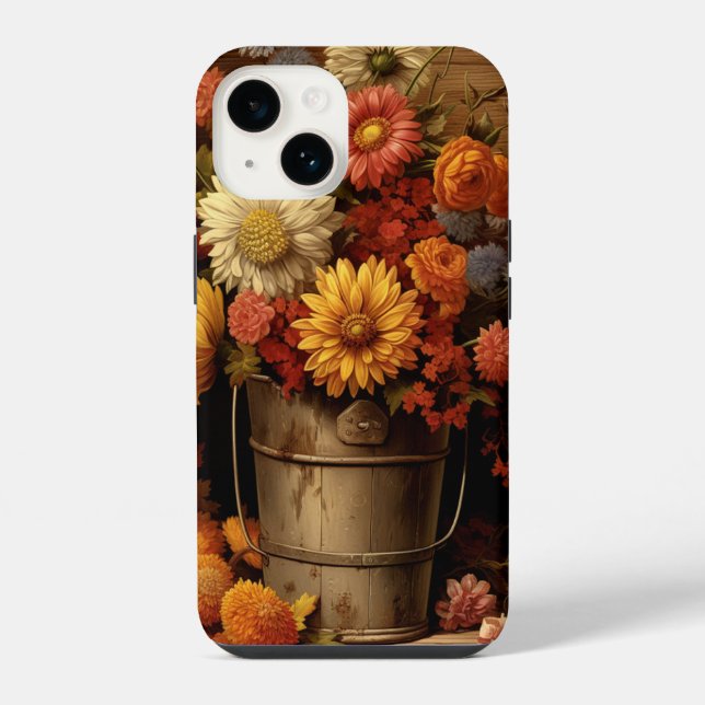 Coque iPhone Fleurs d'automne marron doré orange blanc rustique (Verso)