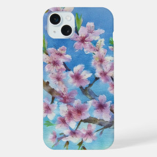 Coque iPhone 15 Plus Fleurs de cerisier à l'aquarelle peintes à la main