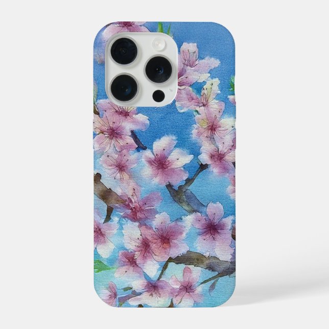 Coque iPhone Fleurs de cerisier à l'aquarelle peintes à la main (Verso)
