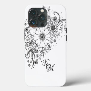 Etui iPhone 13 Pro Fleurs de doodle noir et blanc à colorier